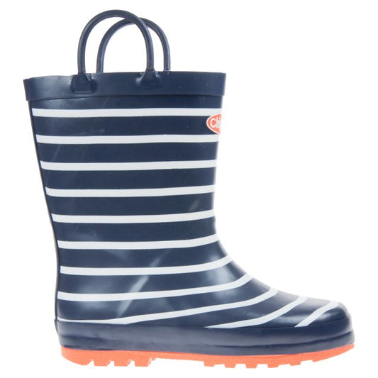 A unisex fleece lined welly by Chipmunks, style Jack, in navy, white and orange. Right side view.