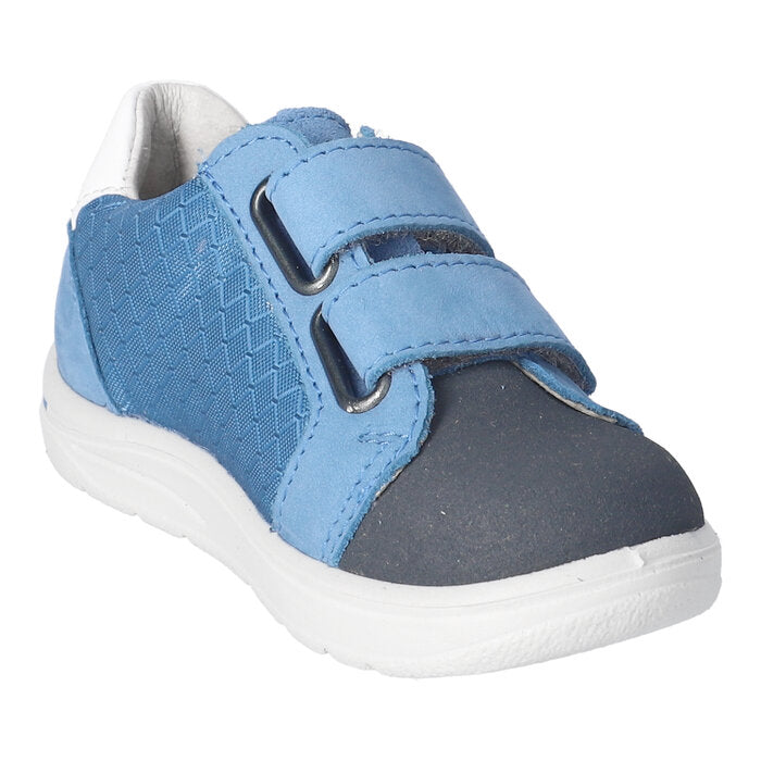 A boys velcro shoe by Ricosta, style Riley in navy and blue with white trim and double velcro fastening. Angled view.