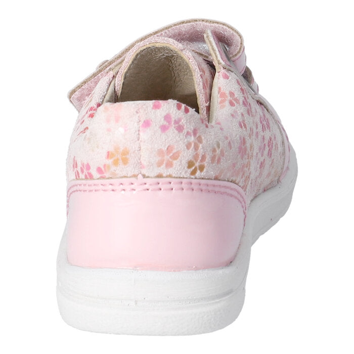A girls shoe by Ricosta, style Jasmine, in pink patent leather with flower print and double velcro fastening. Back view.