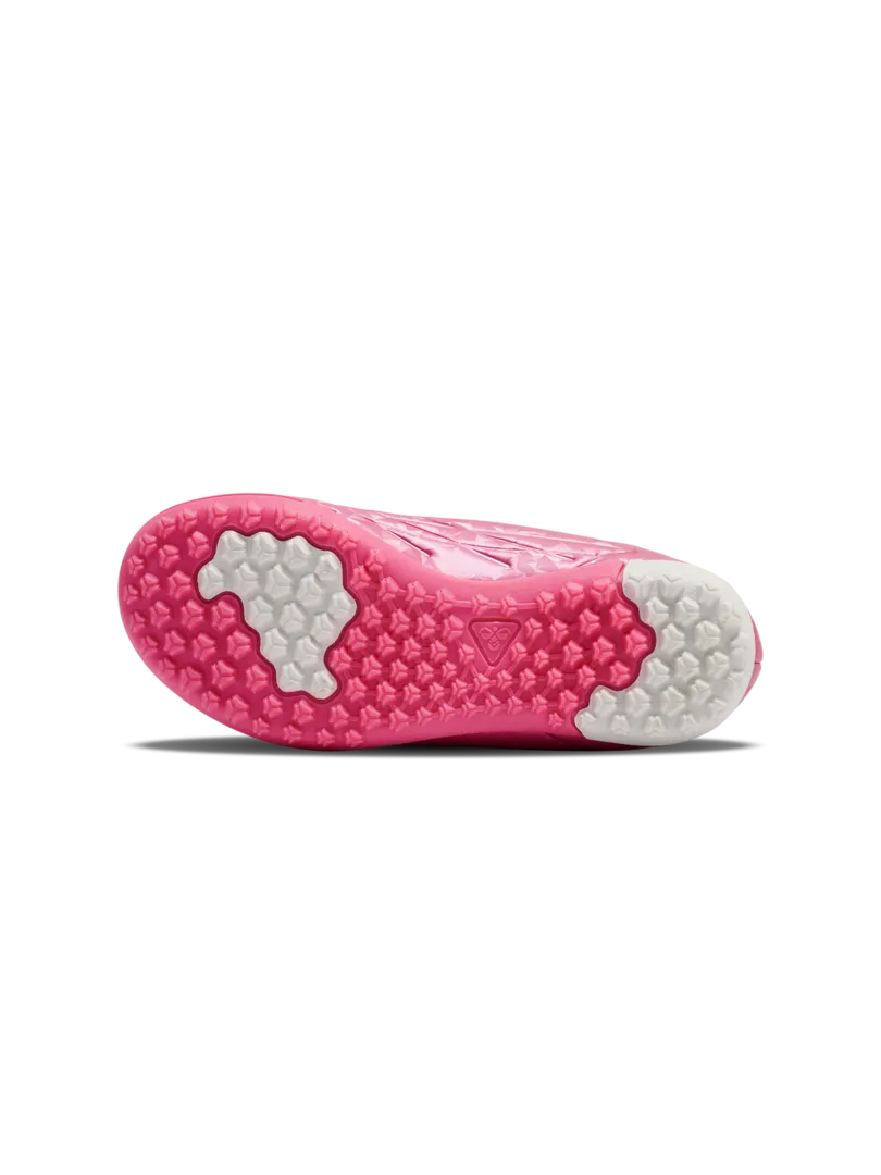 A hard ground/astro turf football boot by Hummel, style Top Star Turf VC 2.0 JR 234863-3924 in Aurora Pink with velcro strap and elastic laces. View of sole