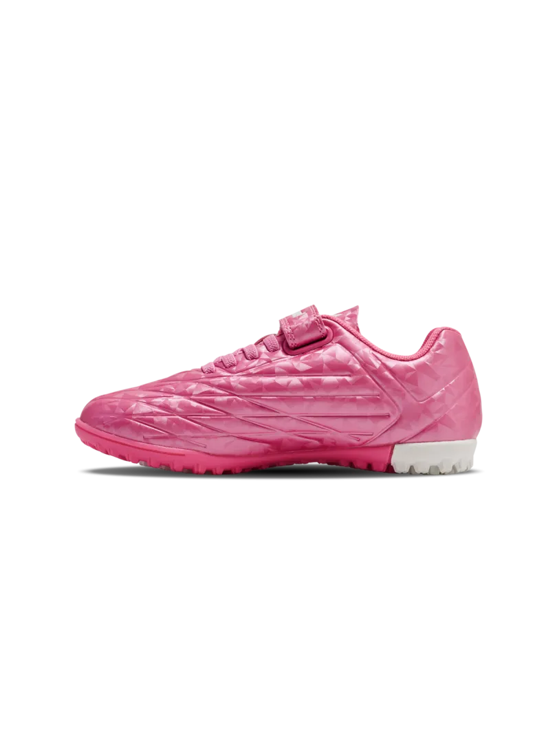 A hard ground/astro turf football boot by Hummel, style Top Star Turf VC 2.0 JR 234863-3924 in Aurora Pink with velcro strap and elastic laces. Inner right side view
