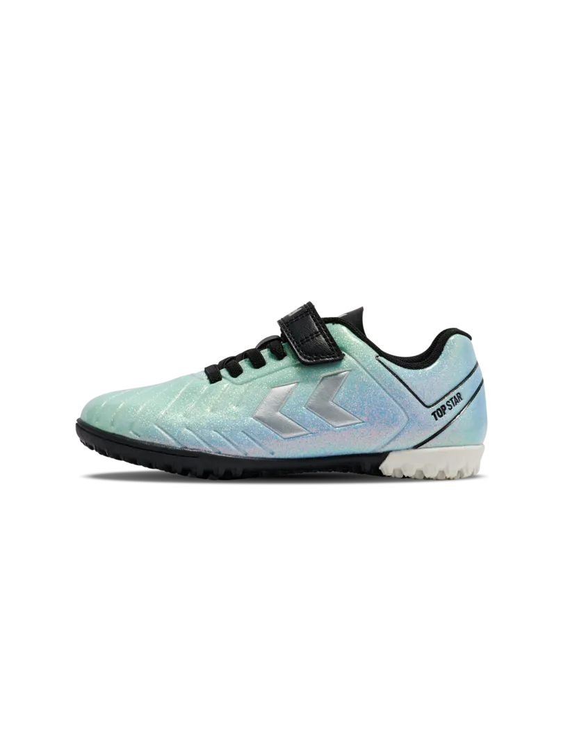 A hard ground/astro turf football boot by Hummel, style Top Star Turf VC 2.0 JR 234863-7162 in Allure with velcro strap and elastic laces. Left side view