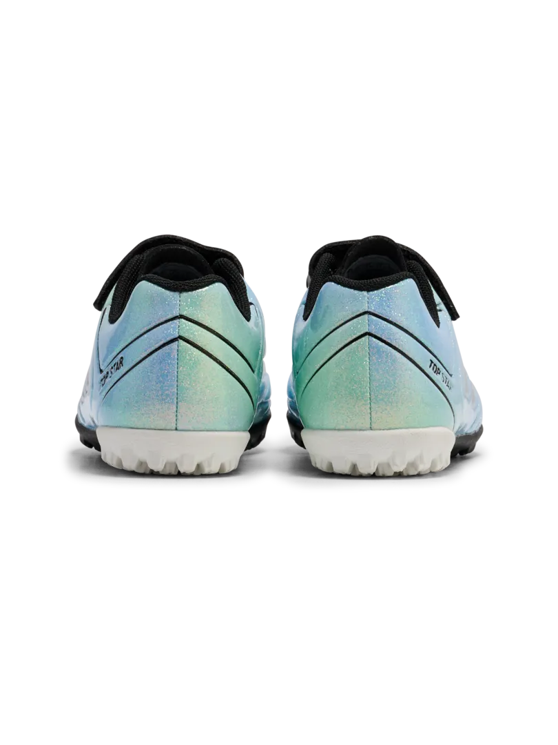 A hard ground/astro turf football boot by Hummel, style Top Star Turf VC 2.0 JR 234863-7162 in Allure with velcro strap and elastic laces. Back view of pair