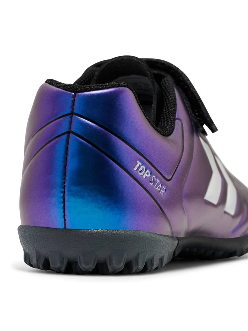 A hard ground/astro turf football boot by Hummel, style Top Star Turf VC 2.0 JR 234863-9639 in White Multi with velcro strap and elastic laces. Zoomed back view