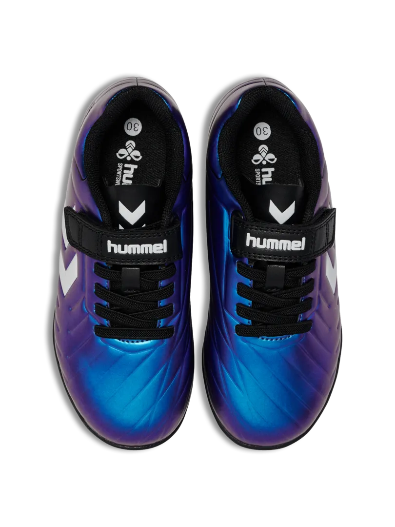 A hard ground/astro turf football boot by Hummel, style Top Star Turf VC 2.0 JR 234863-9639 in White Multi with velcro strap and elastic laces. Top view of pair