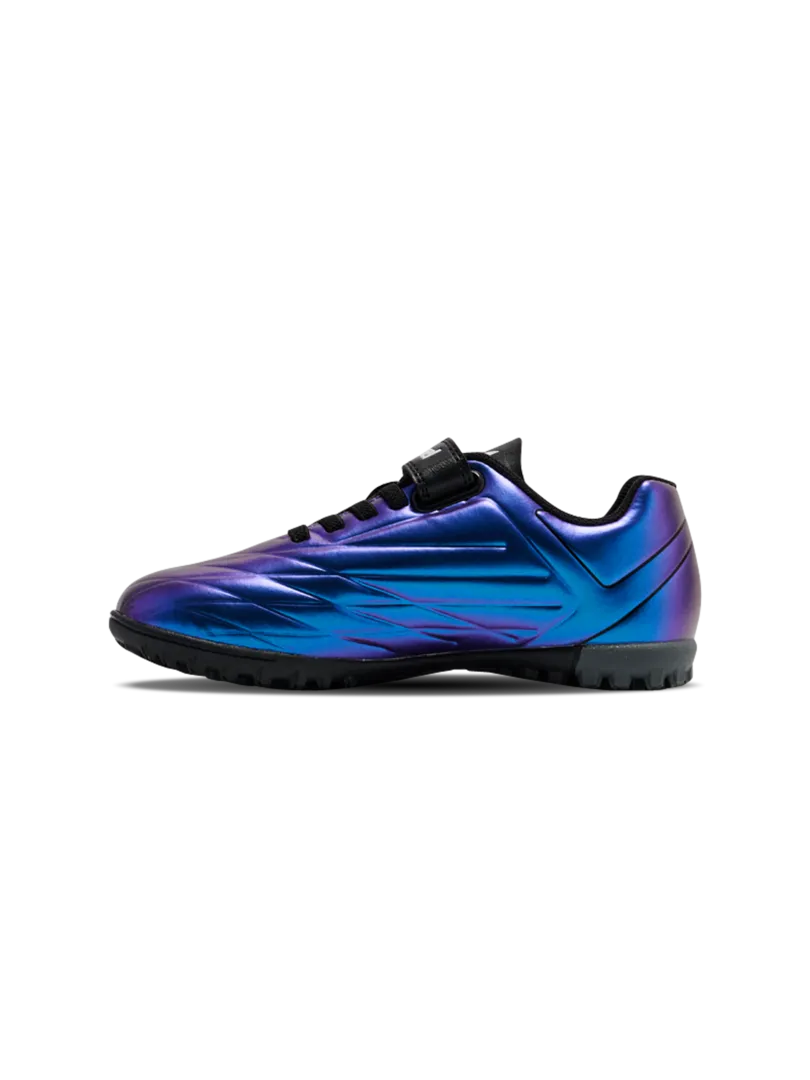 A hard ground/astro turf football boot by Hummel, style Top Star Turf VC 2.0 JR 234863-9639 in White Multi with velcro strap and elastic laces. Inner right side view
