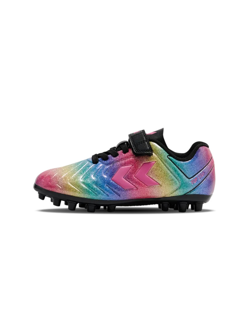 A multi ground football boot by Hummel, style Top Star M.G VC 2.0 JR 236169-3638 in Pink-A-Boo with velcro strap and elastic lace. Left side view.