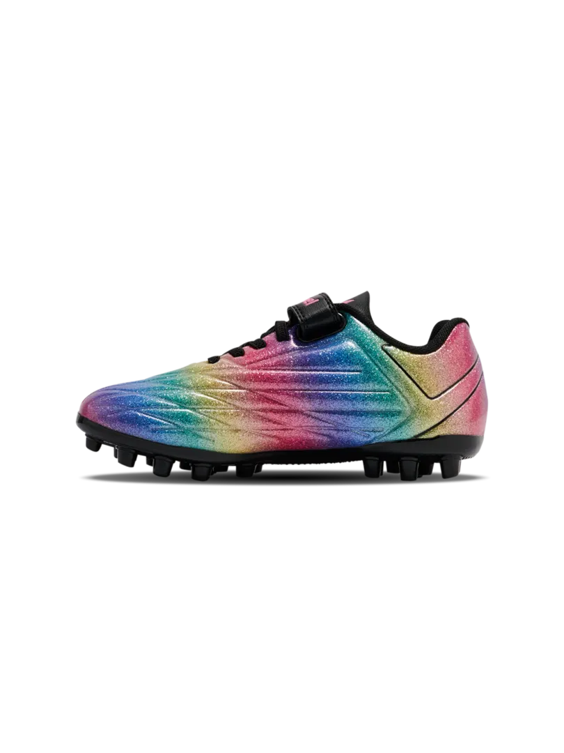 A multi ground football boot by Hummel, style Top Star M.G VC 2.0 JR 236169-3638 in Pink-A-Boo with velcro strap and elastic lace. Inner right side view