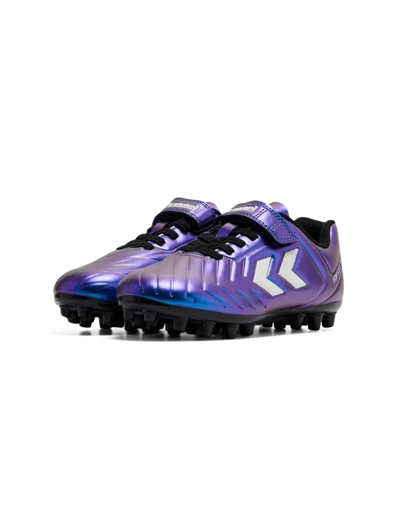 A multi ground football boot by Hummel, style Top Star M.G JR 236169-9639 in White Multi with lace fastening. Angled view of pair.