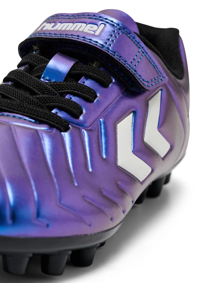 A multi ground football boot by Hummel, style Top Star M.G JR 236169-9639 in White Multi with lace fastening. Angled close up view.