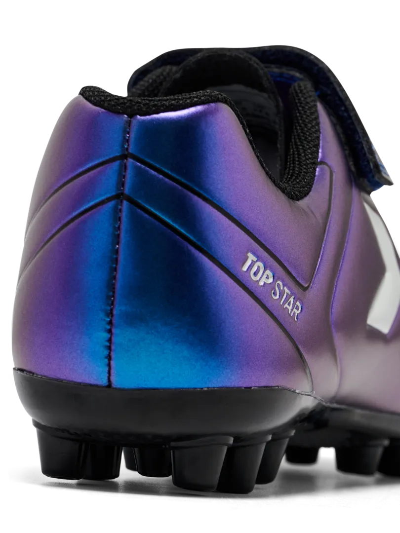 A multi ground football boot by Hummel, style Top Star M.G JR 236169-9639 in White Multi with lace fastening. Close up heel view.