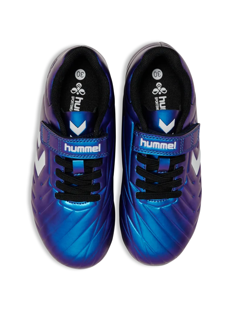 A multi ground football boot by Hummel, style Top Star M.G JR 236169-9639 in White Multi with lace fastening. Above view of pair.