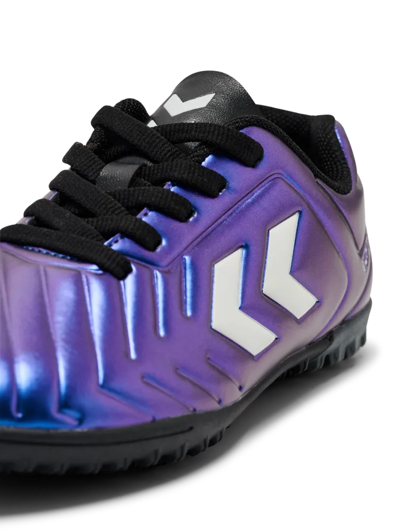 A hard ground/astro turf football boot by Hummel, style Top Star Turf LC 2.0 JR 234864-9639 in White Multi with laces. Zoomed side view