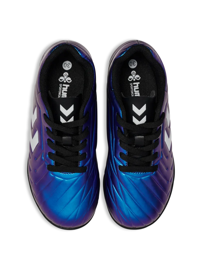 A hard ground/astro turf football boot by Hummel, style Top Star Turf LC 2.0 JR 234864-9639 in White Multi with laces. Top view of pair