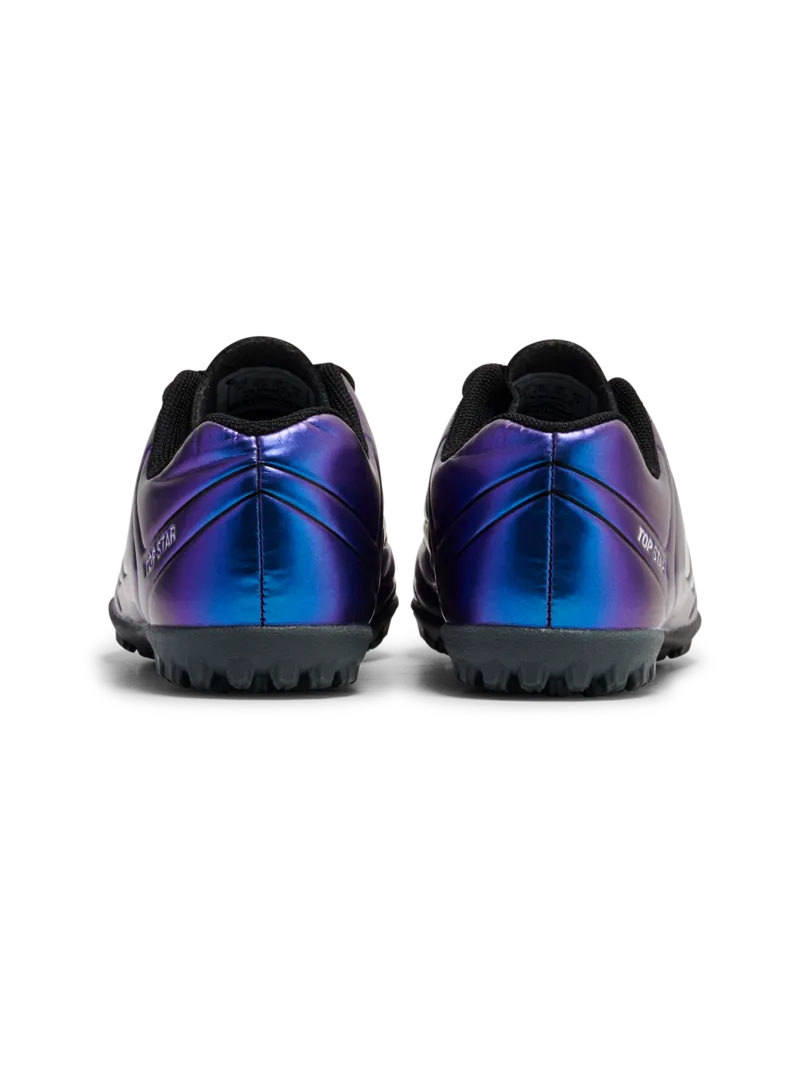 A hard ground/astro turf football boot by Hummel, style Top Star Turf LC 2.0 JR 234864-9639 in White Multi with laces. Back view of pair