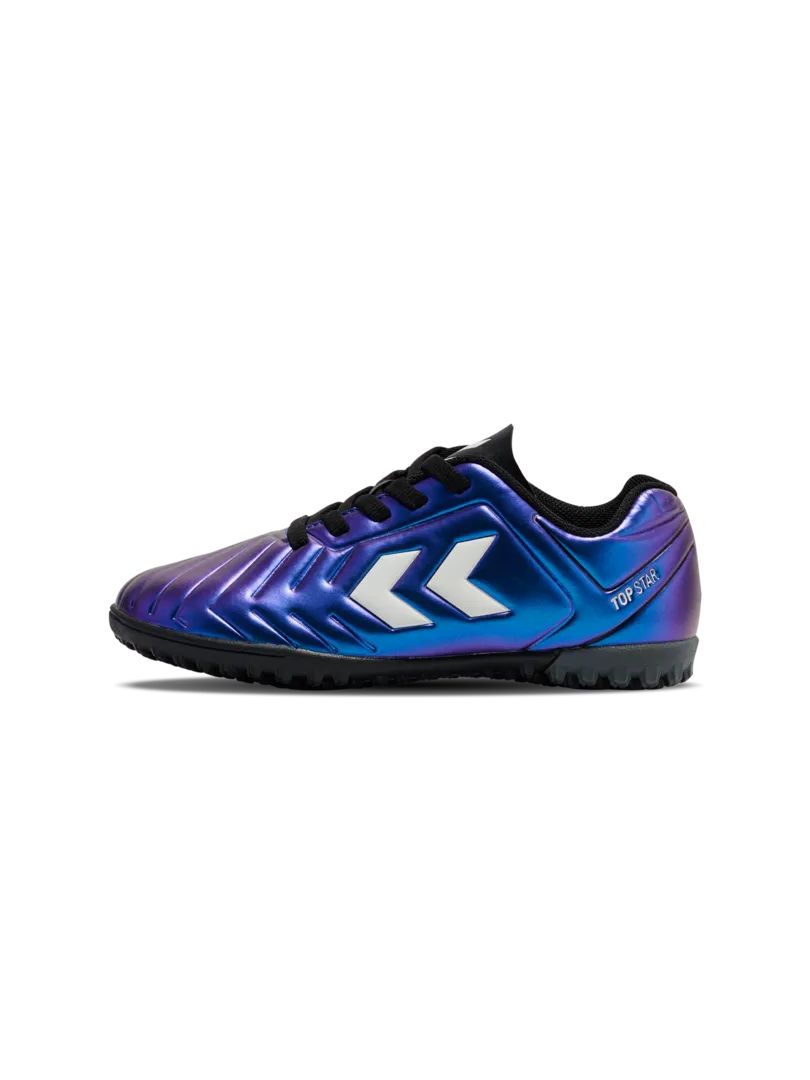 A hard ground/astro turf football boot by Hummel, style Top Star Turf LC 2.0 JR 234864-9639 in White Multi with laces. Right side view