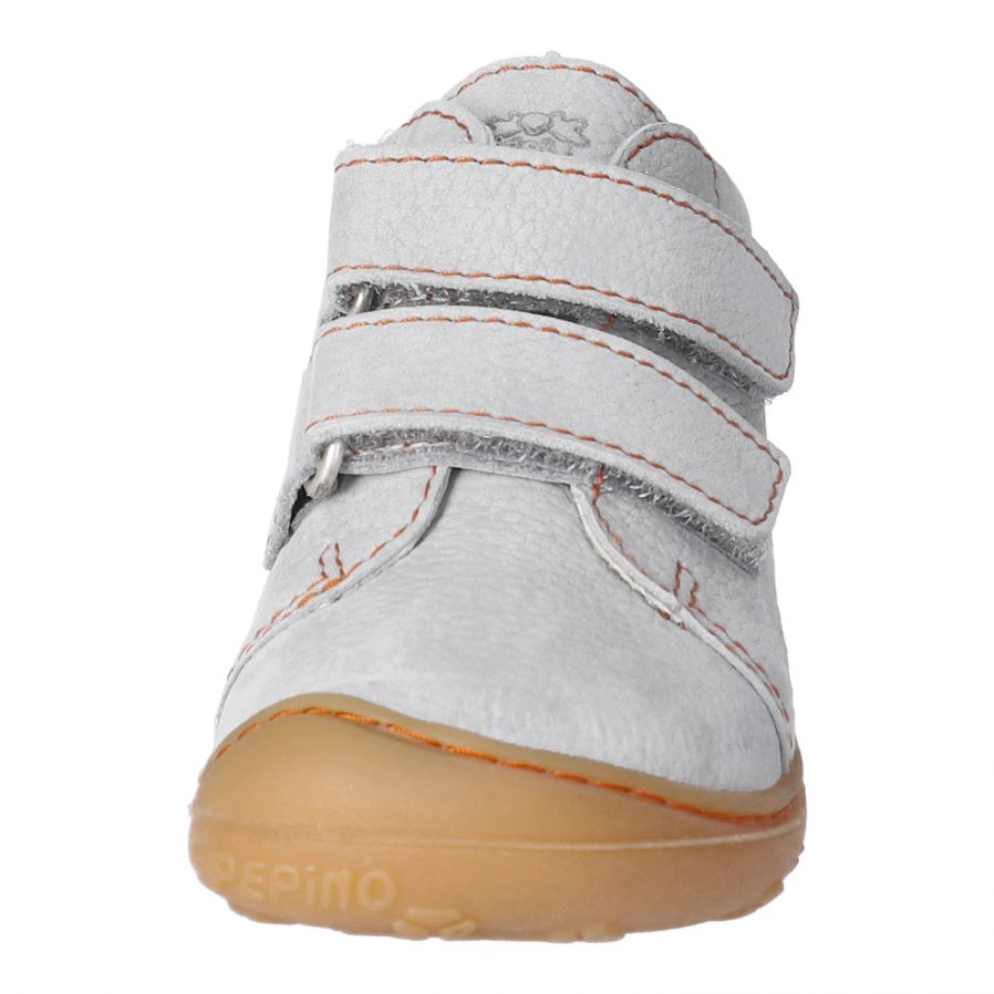 A unisex boot by Ricosta, with toe bumper in pale grey with double velcro fastening. Front view.