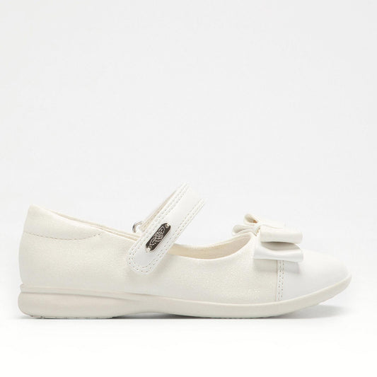 A girls Mary Jane shoe by Lelli Kelly, style LKBA1710 Adele, in white glitter leather with bow detail and velcro fastening.Right side view.