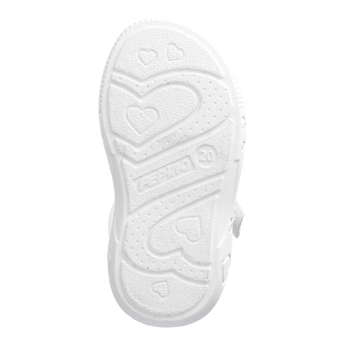 A girls sandal by Ricosta, style Mimi in white cherry, with two velcro straps, one with cherry detail. View of sole