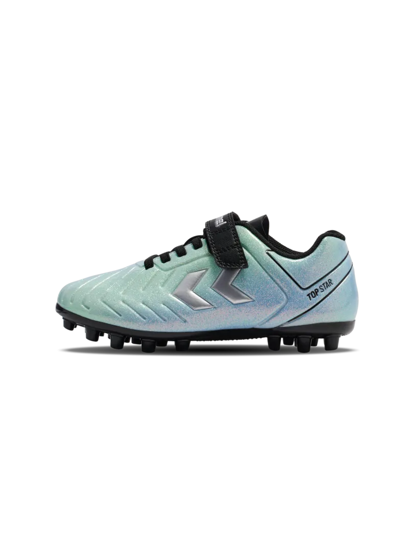 A multi ground football boot by Hummel, style Top Star M.G VC 2.0 JR 236169-7162 in Allure with velcro strap and elastic lace. Right side view.