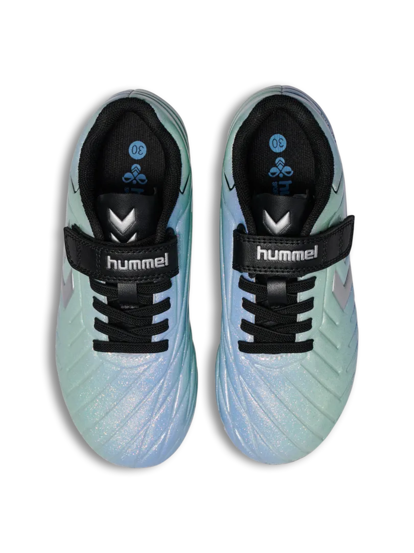 A multi ground football boot by Hummel, style Top Star M.G VC 2.0 JR 236169-7162 in Allure with velcro strap and elastic lace. Front view of pair