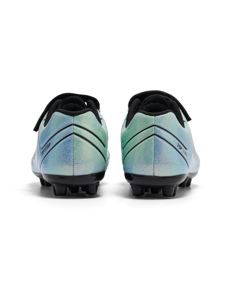A multi ground football boot by Hummel, style Top Star M.G VC 2.0 JR 236169-7162 in Allure with velcro strap and elastic lace. Back view of pair