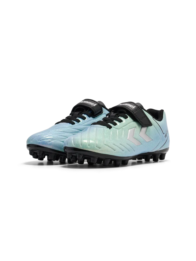A multi ground football boot by Hummel, style Top Star M.G VC 2.0 JR 236169-7162 in Allure with velcro strap and elastic lace. Angled side view of pair