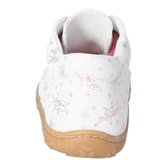 A girls ankle boot by Ricosta, style Dots 50 1200502/830 , in white leather with pink fairy print and pink laces. Toe bumper. Back view.