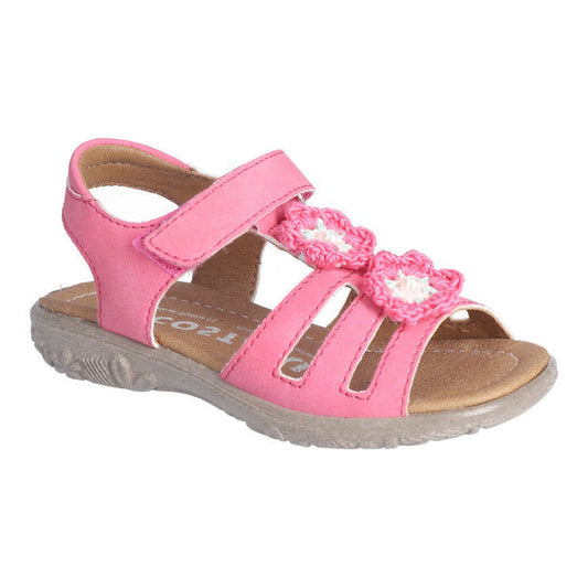 A girls sandal by Ricosta in style Camilla in pink, with crochet flower details and velcro strap. Left side view