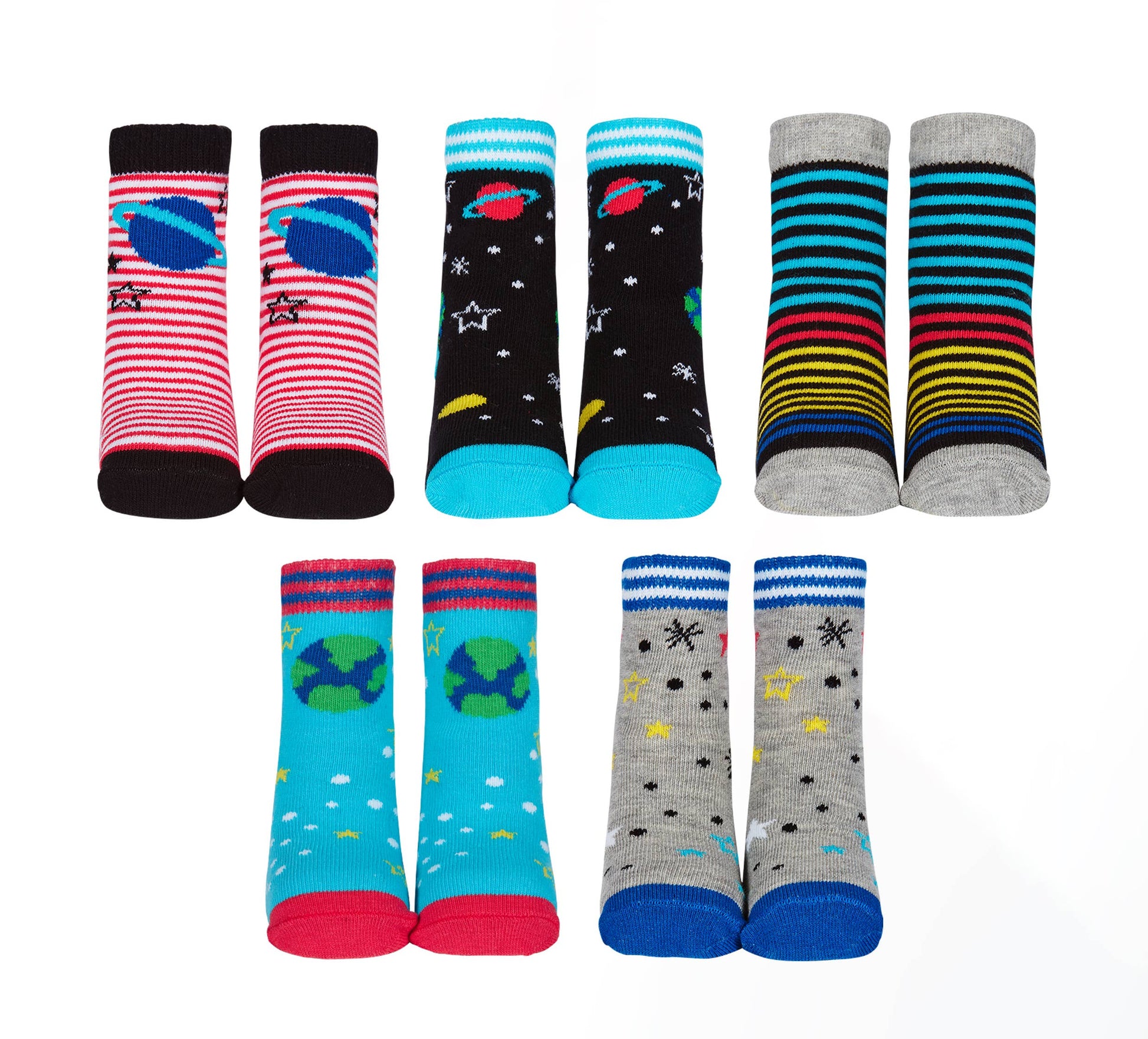 5 pairs of multicoloured space and star print socks by Cucamelon, style Little Stars. Front view.