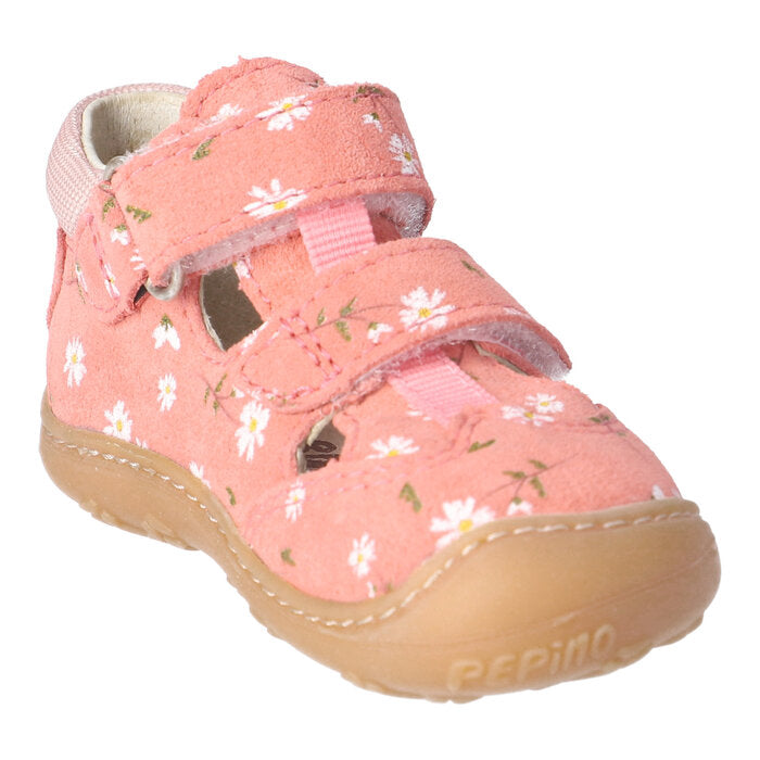 A girls sandal by Ricosta, style Ebi in strawberry/velour daisy with white daisy pattern and two velcro straps and toe and heel bumpers. Inner left side view