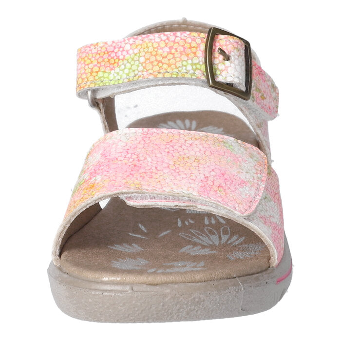 A girls open toe sandal by Ricosta, style Samira, in neon pink multi with velcro fastening. Front view.