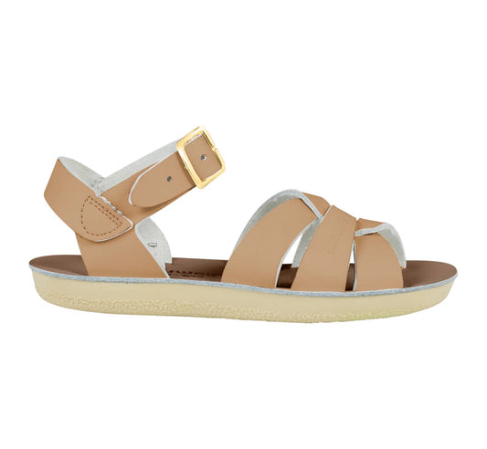 A unisex sandal by Saltwater, style swimmer in Latte with gold buckle strap. Right side view