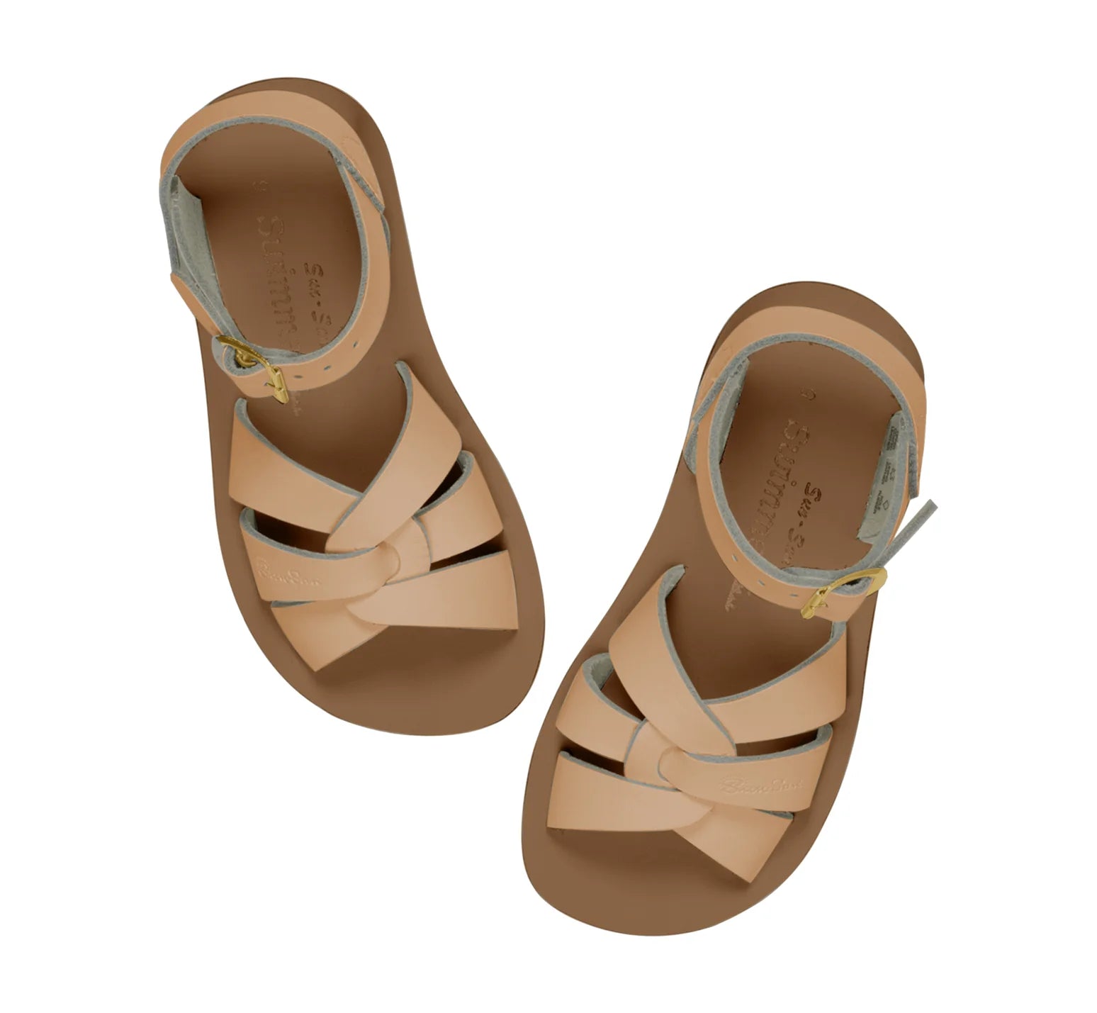 A unisex sandal by Saltwater, style swimmer in Latte with gold buckle strap. Top view of pair
