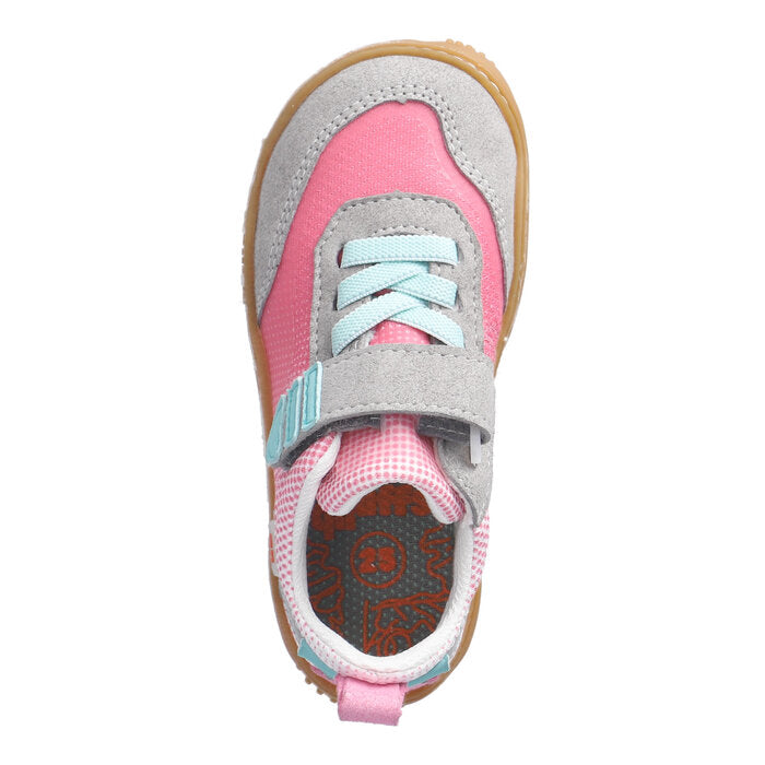 A girls casual shoe by Ricosta, style Fichte in light grey/flower with vecro strap and elastic laces. Top view
