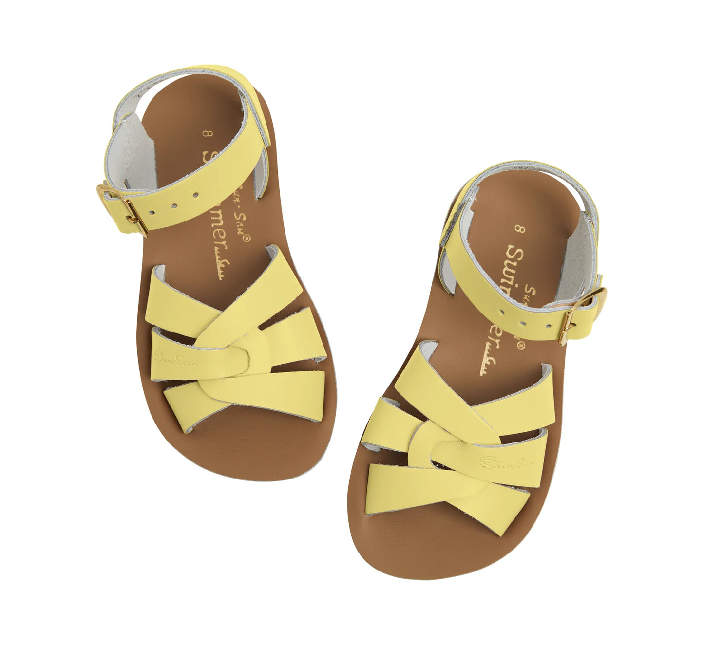 A girls sandal by Salt-Water, style Swimmer, in yellow with buckle fastening. View of pair from above.