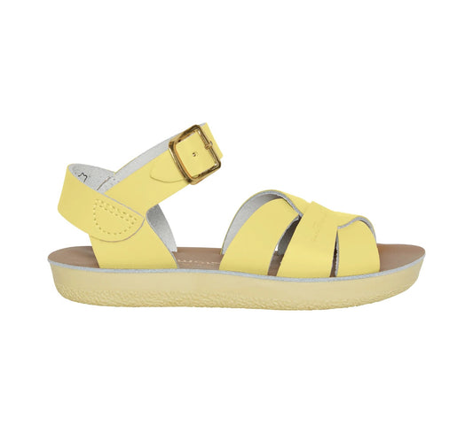 A girls sandal by Salt-Water, style Swimmer, in yellow with buckle fastening. Right side view.