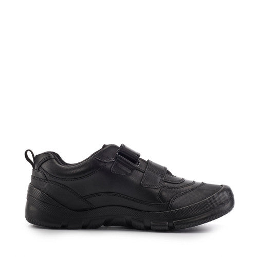 A boys waterproof school shoe by Start Rite, style Trooper, in black leather with double velcro fastening. Left side view.