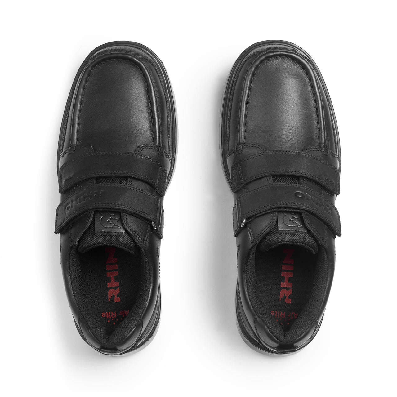 A boys school shoe by Start-Rite, style Mission, in black with double velcro fastening. View of pair from above.