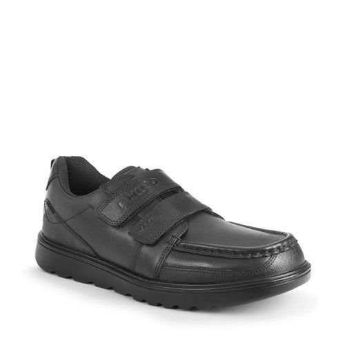 A boys school shoe by Start-Rite, style Mission, in black with double velcro fastening. Angled right side view.