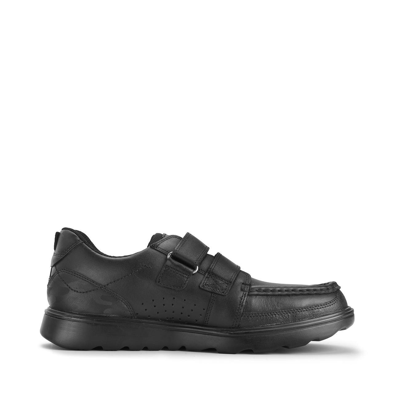 A boys school shoe by Start-Rite, style Mission, in black with double velcro fastening. Left side view.