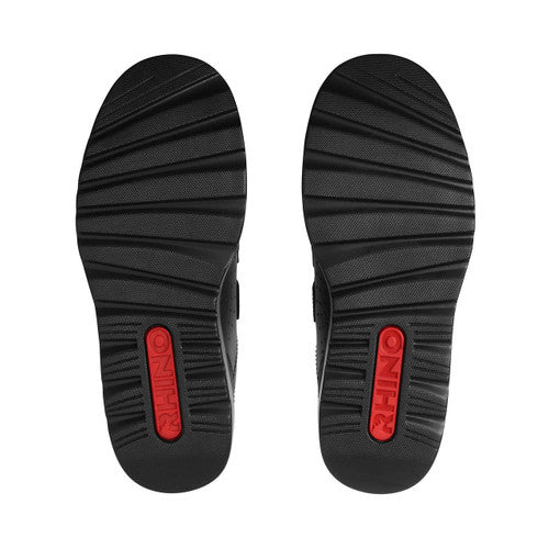 A boys school shoe by Start-Rite, style Mission, in black with double velcro fastening. View of soles of a pair.