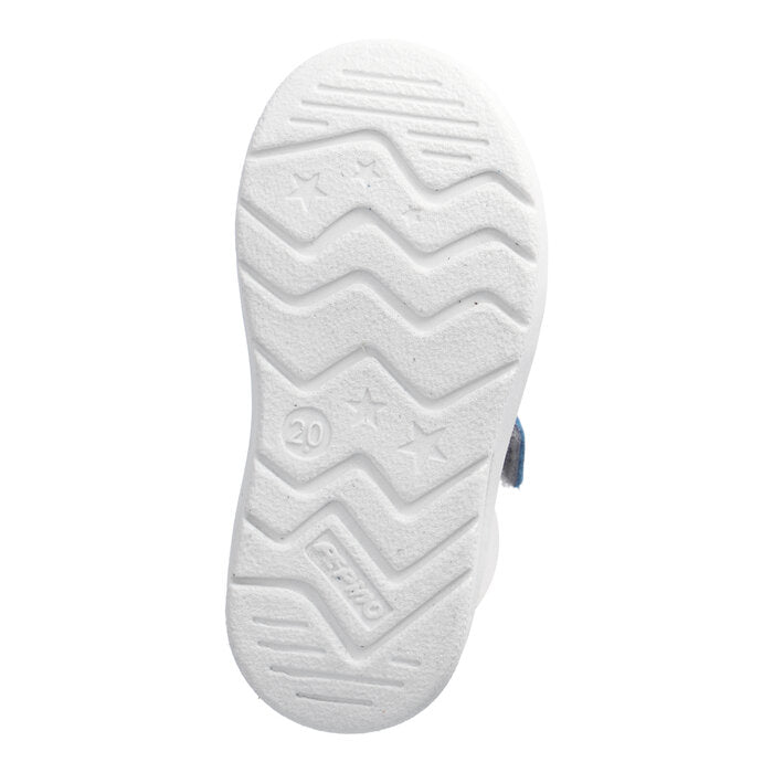A boys velcro shoe by Ricosta, style Riley in navy and blue with white trim and double velcro fastening. View of sole.