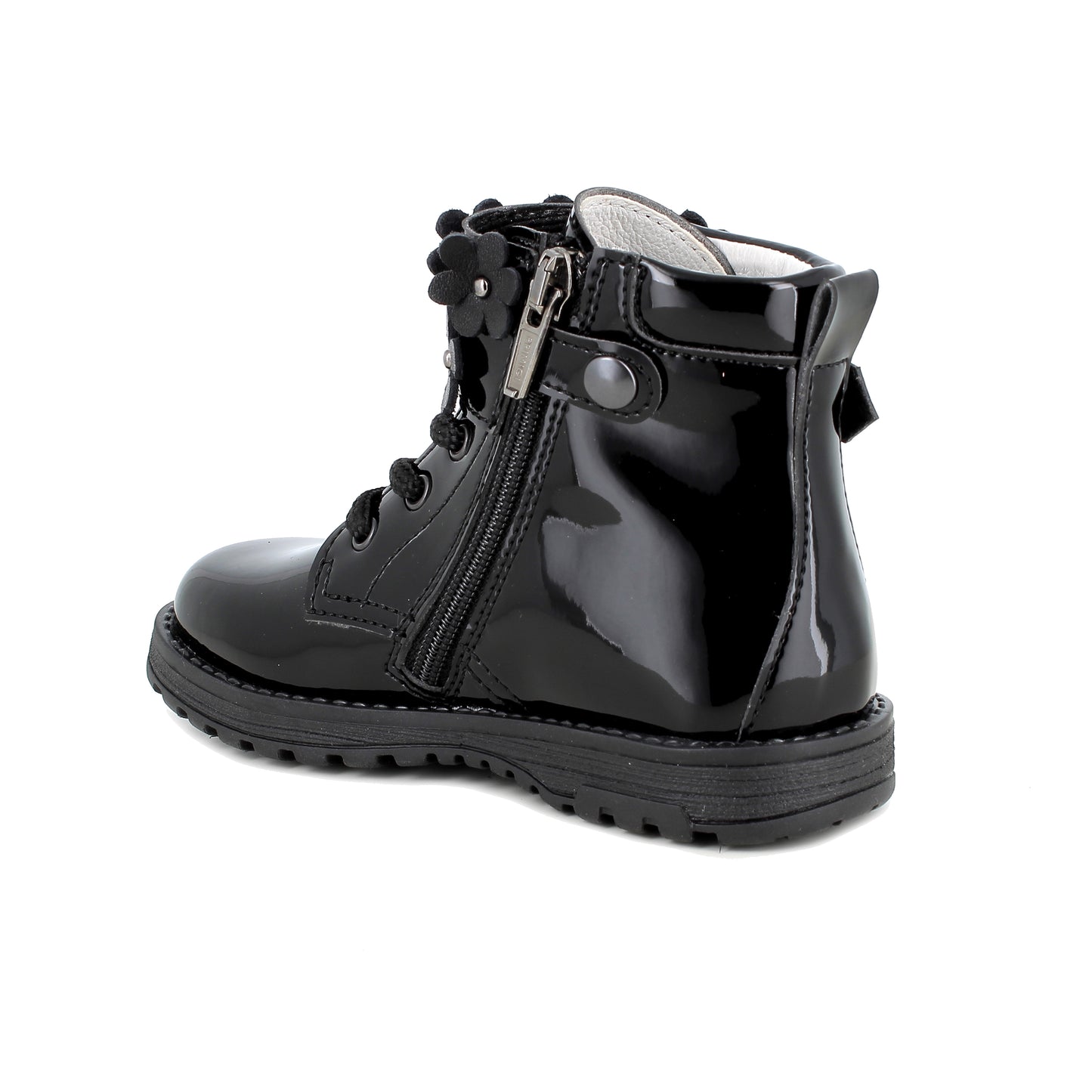 A black patent  ankle boot by Primigi, style 8913611 Serena, in black patent with flower detail and lace and zip fastening. Angled left side view.