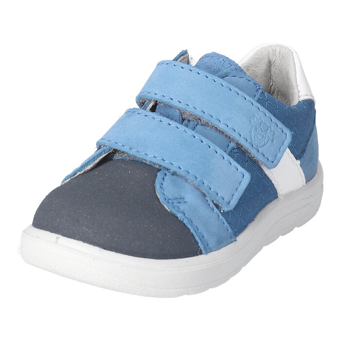 A boys velcro shoe by Ricosta, style Riley in navy and blue with white trim and double velcro fastening. Angled right side view.