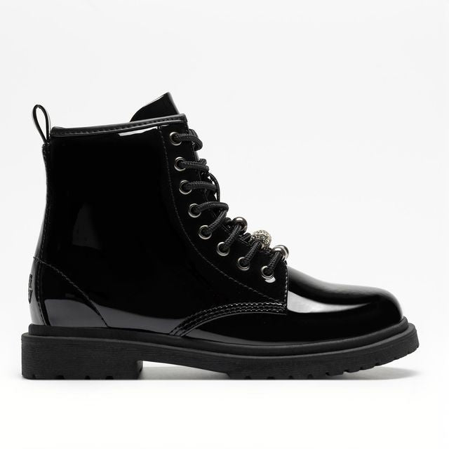 A girls boot by Lelli Kelly, style LKHG7505 Willow, in black patent with embellished beads on laces. Lace and zip fastening. Right side view.