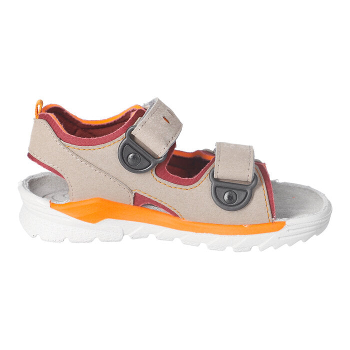 A boys sandal by Ricosta, style Tajo in tundra/burgundy with two velcro straps and orange detailing. Inner left side view