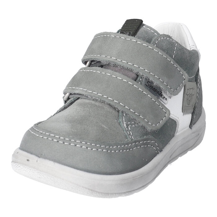A boys mid-top waterproof boot by Ricosta, style Kito 2003202/570, in green with white trim and double Velcro fastening. Angled view.