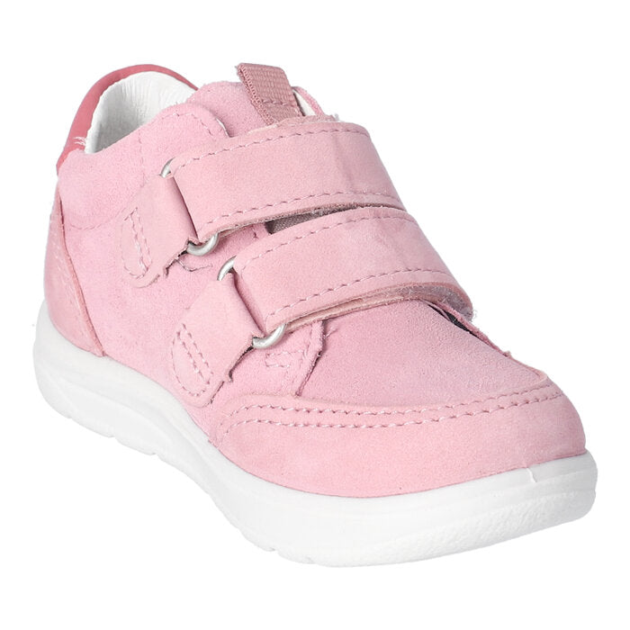 A girls mid-top waterproof boot by Ricosta, style Kito 50 2003202/330, in pale pink with bright pink trim and double Velcro fastening. Angled view.