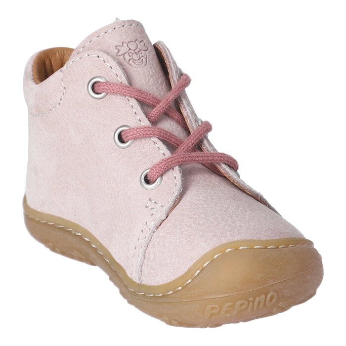 Pink girls ankle boot by Ricosta, style Ebi with strawberry design, pink laces and toe and heel bumpers. Inner left side view